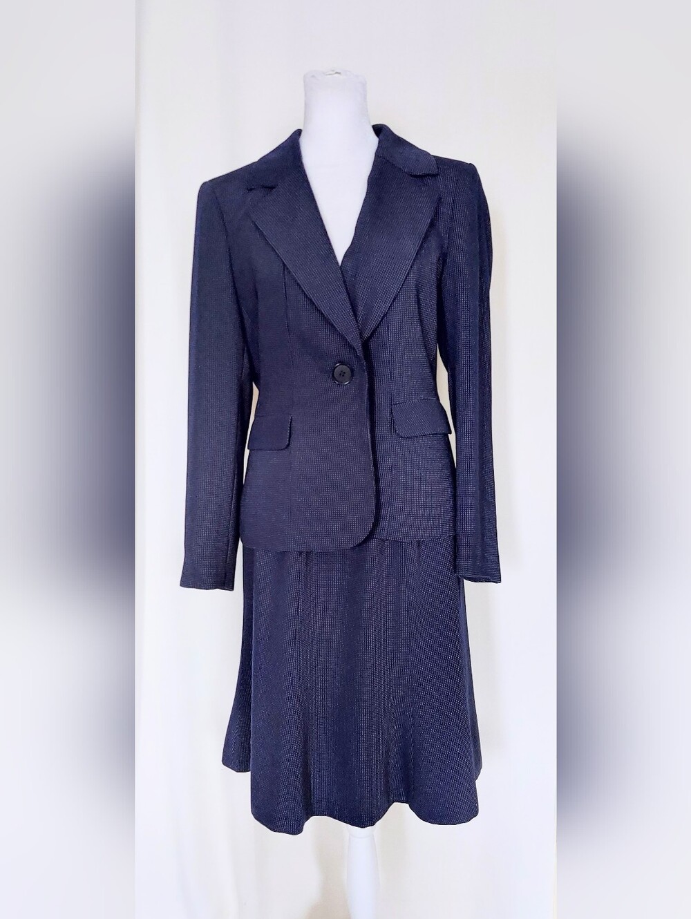 Le Suit Petite 2 pc Blazer Flared Skirt Set Navy Blue White Polka Dot Size 6P